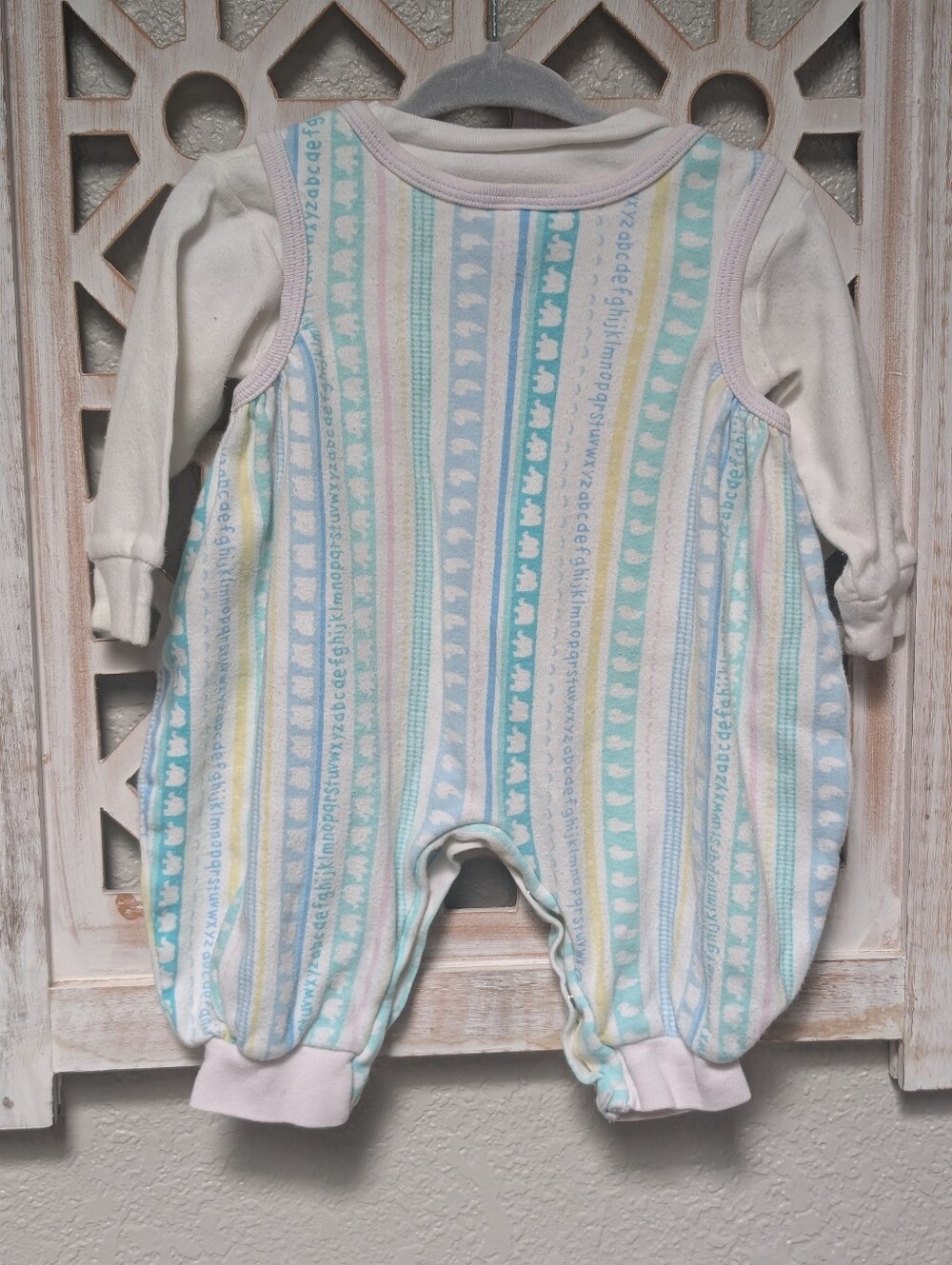 Vintage Baby Sprockets 2 piece overalls outfit unisex 3-6 mos alphabet pastel - Picture 6 of 8